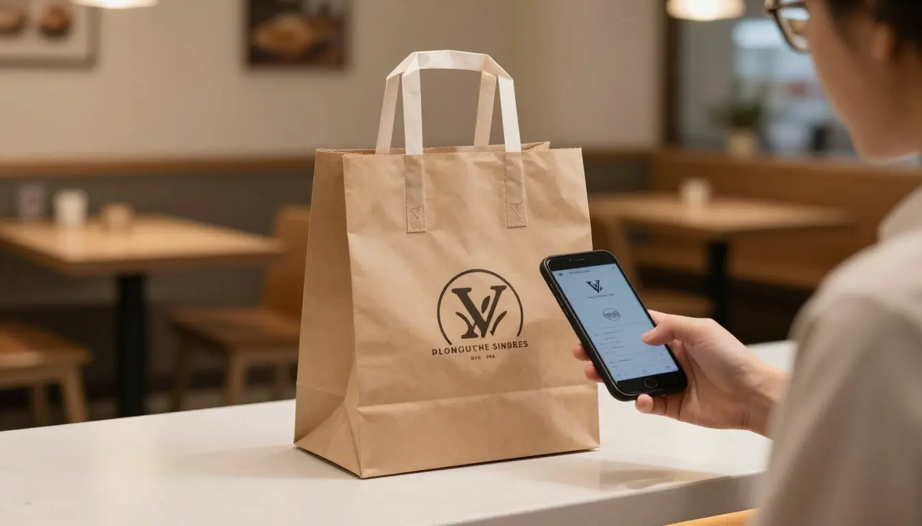 Gość zamawiający jedzenie na wynos przez smartfon z eleganckim opakowaniem na ladzie restauracji