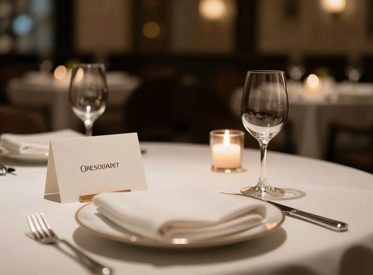 Nakryty i zarezerwowany stolik w eleganckiej restauracji — karta rezerwacji i świeca